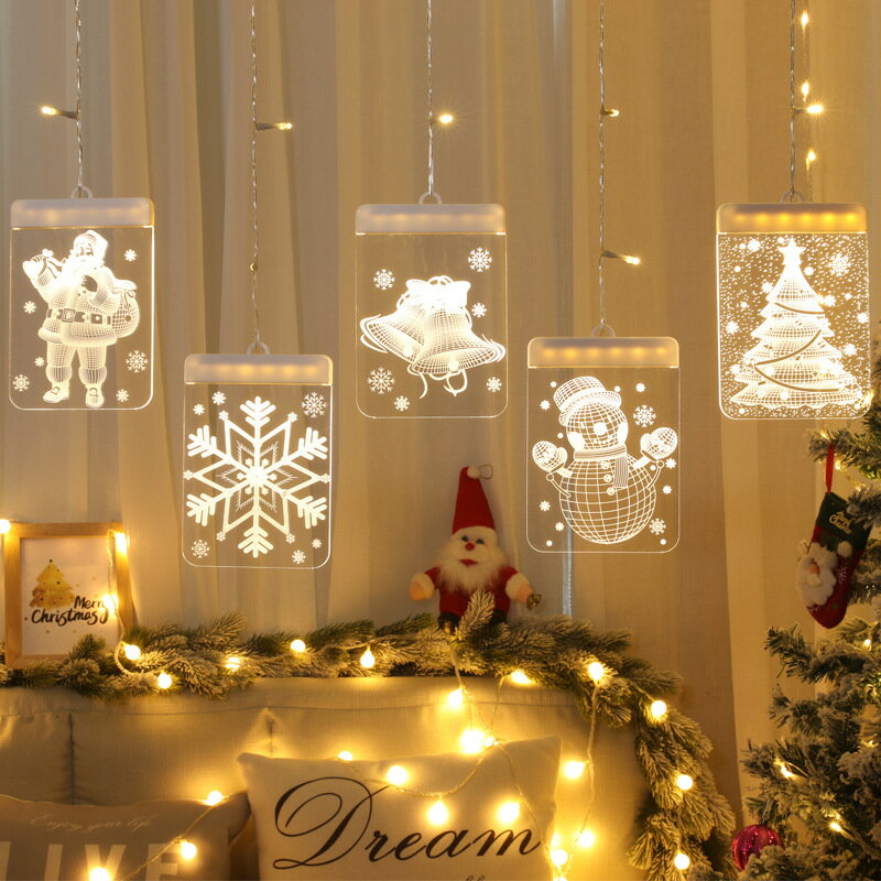 2021新款LED星星燈房間布置聖誕節日裝飾彩燈3D掛燈老人造型窗簾冰條燈串
