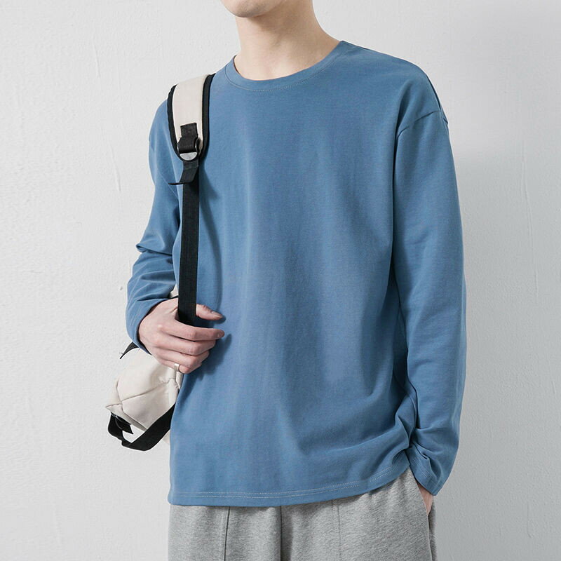春秋大學T 上衣 大學T 衛衣 長袖男春秋季新款純色休閒上衣服男裝圓領衛衣純棉打底衫 韓版男裝 秋冬男裝 保暖男裝