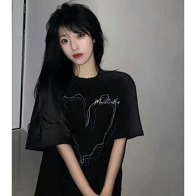 美式復古愛心短袖女夏季2022年新款黑色t恤半袖vintage寬松上衣服