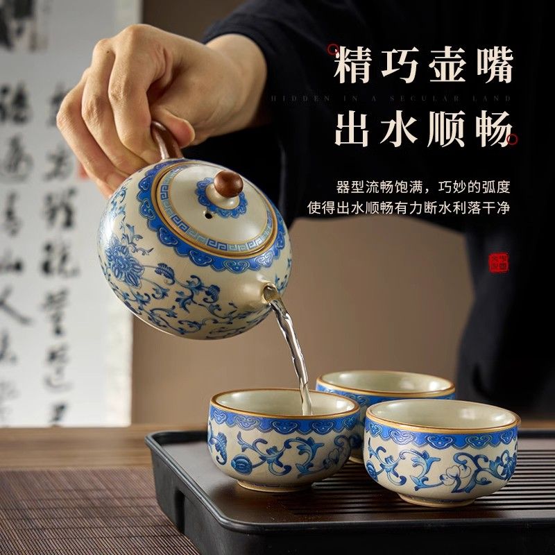 汝窯青花功夫茶具套裝家用輕奢茶壺茶杯中式高檔2024陶瓷新款