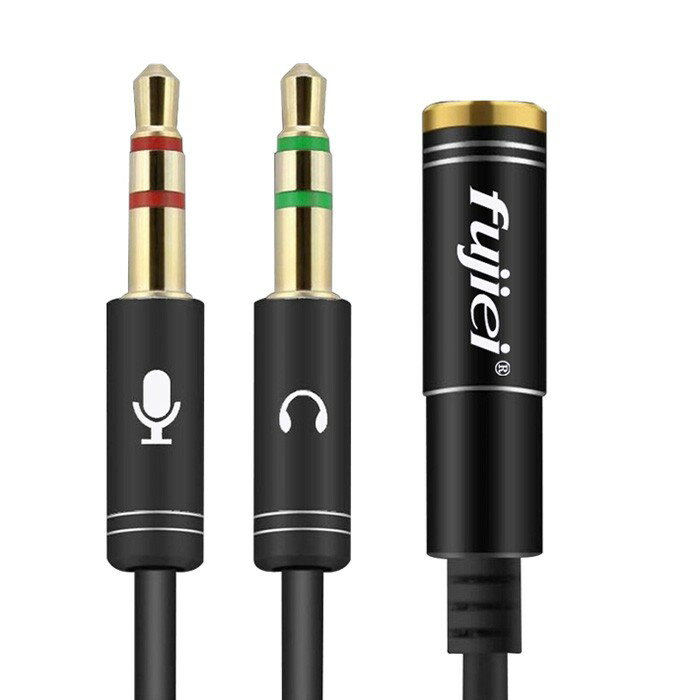 Fujiei 麥克風/耳機二合一線(手機用耳機變電腦耳機麥克風轉接線)3.5MM鋁合金2合1耳麥音源轉接線(2公對1母)
