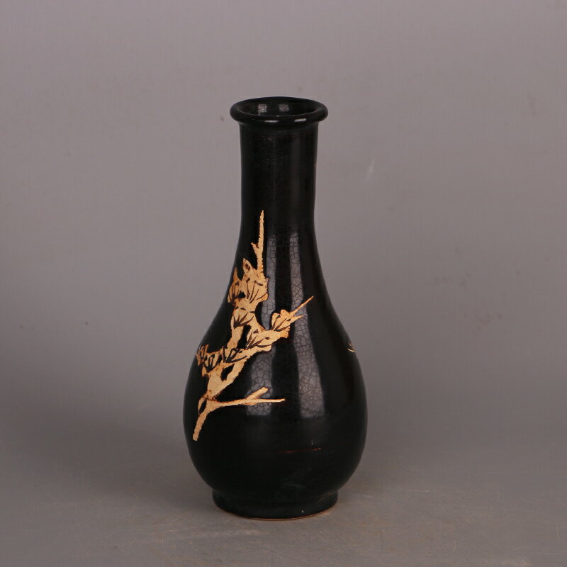 宋吉州窯黑釉刻花蒜頭瓶仿宋代出土舊貨古玩瓷器家居博古架擺件| 協貿