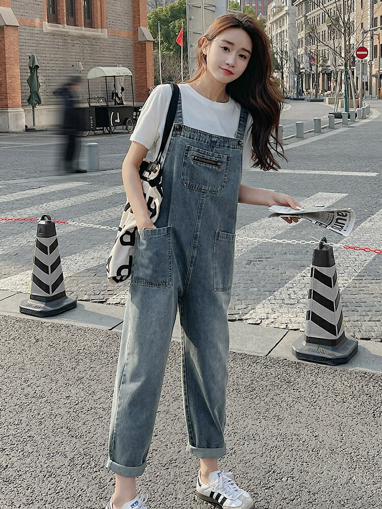 休閑牛仔背帶褲女春秋薄款2024新款小個子寬松顯瘦夏季工裝連體褲【淘夢屋】