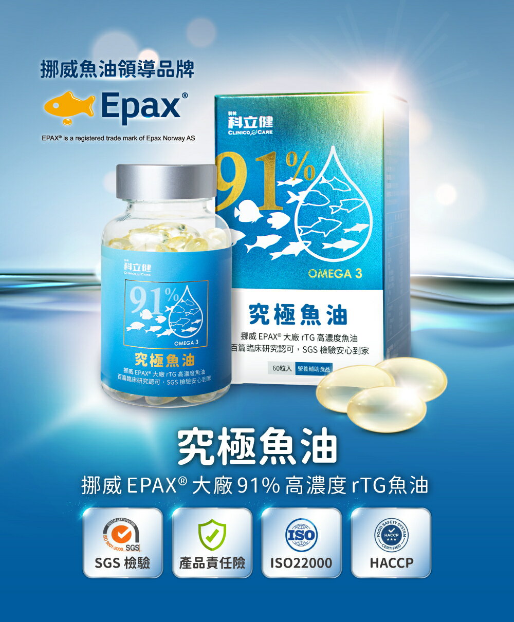 科立健【究極魚油】多盒優惠1盒送1盒小包裝(隨機)！91%高濃度純淨魚油 挪威EPAX®大廠 (60顆/瓶)