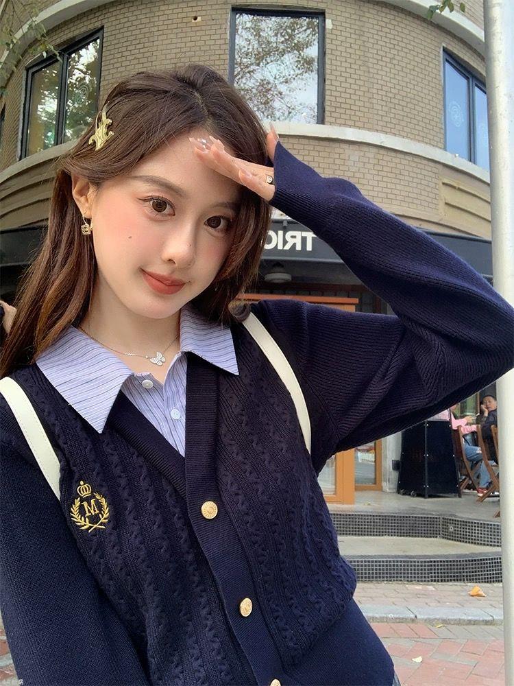 微胖mm學院風假兩件針織上衣女春秋季寬松顯瘦設計感毛衣