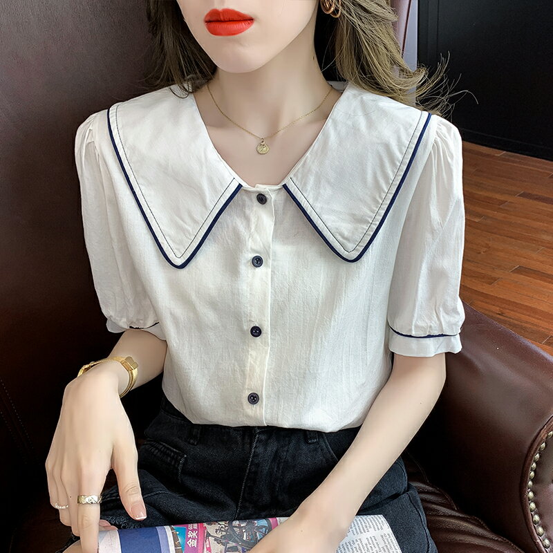 娃娃領襯衫2021年新款寬松泡泡袖設計感小眾法式短袖雪紡上衣女夏
