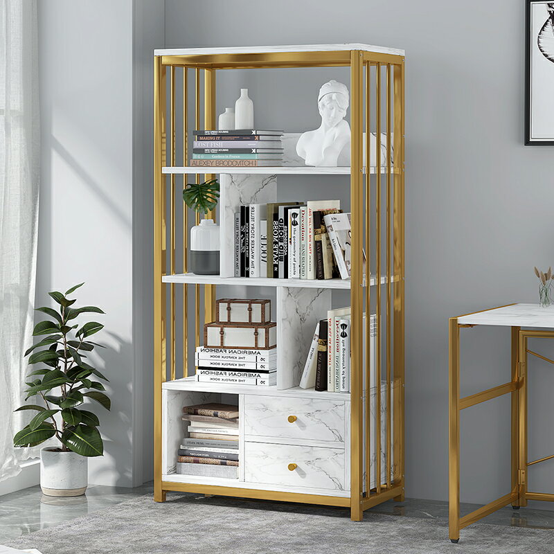書架落地家用現代簡約收納置物架辦公室小型多層鐵藝輕奢書柜