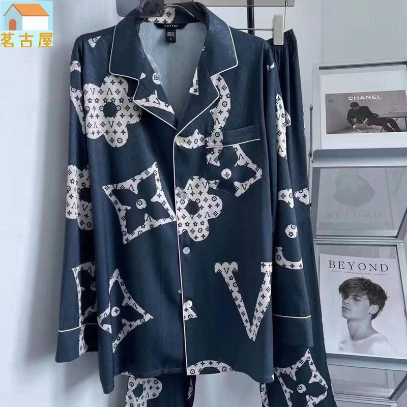 新款睡衣男士高級春秋長袖冰絲流行花休閒潮牌家居服長褲寬鬆套裝