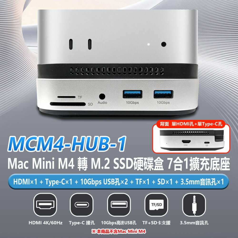 MCM4-HUB-1 Mac Mini M4轉M.2 SSD硬碟盒7合1擴充底座10Gbps USB+HDMI+Type-C+TF+SD+音訊孔