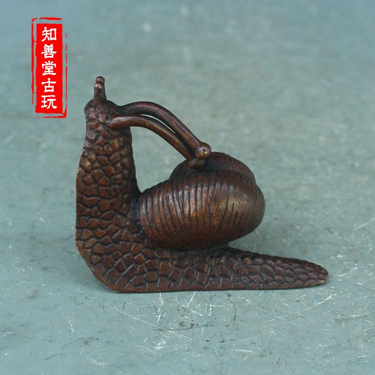 紫銅蝸牛小擺件實心紫銅茶寵茶道蓋置香插回流老銅件古玩銅雕把件