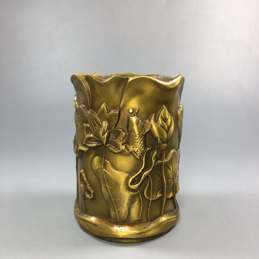 純銅荷花筆筒擺件仿古筆筒擺件黃銅筆筒仿古筆筒文房用品裝飾禮品