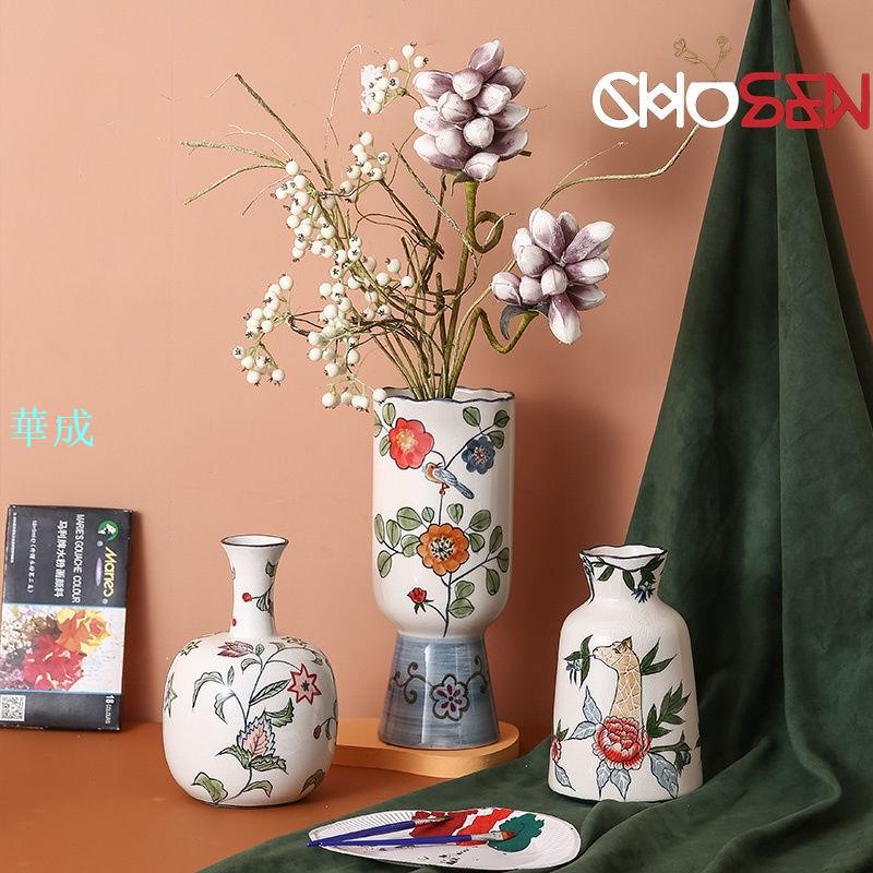 北歐現代輕奢陶瓷手繪長頸鹿花瓶田園風藝術網紅插花花器家居擺件青山盆 控根盆託盤創意 園藝 透氣盆家居裝飾 蘭花