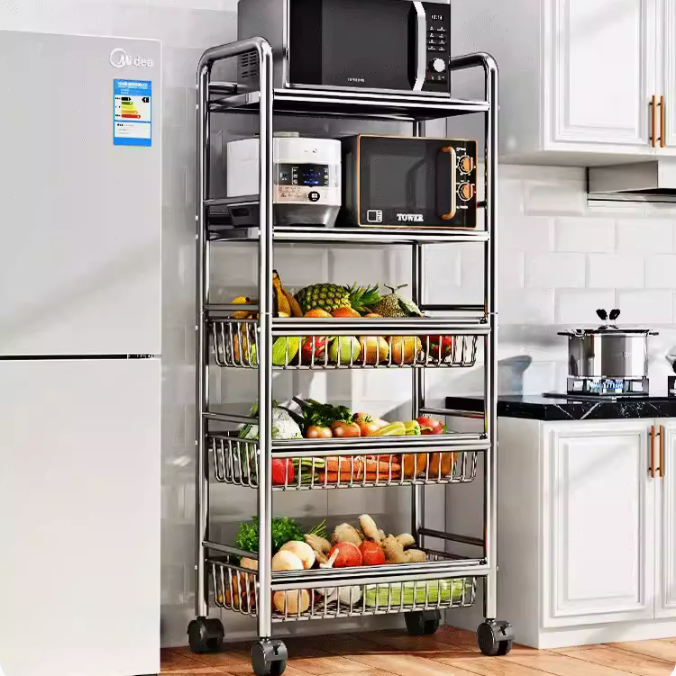 不鏽鋼 廚房菜籃子置物架 多層落地可移動 放水果蔬菜多功能家用推車