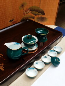 高檔孔雀綠功夫茶具套裝手繪描金羊脂玉瓷蓋碗茶杯整套簡約泡茶器
