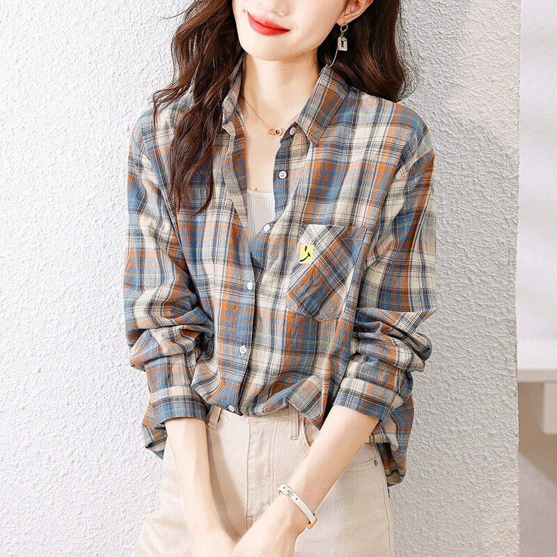 女裝 女上衣 衣服 寬鬆上衣 韓版襯衫 格子 棉質格子襯衫女長袖春裝新款韓版時尚設計感顯瘦襯衣女上 2