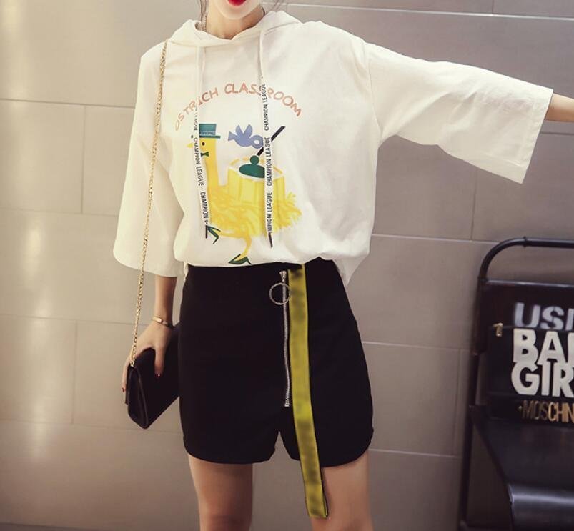 FINDSENSE MD 韓國時尚 女潮 中長款 寬鬆 卡通圖案印花 連帽 短袖T恤 學生短T