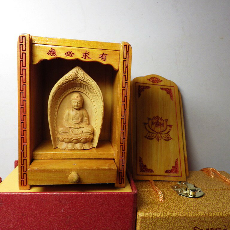 精品隨身佛龕 黃楊木阿彌陀佛木雕佛像