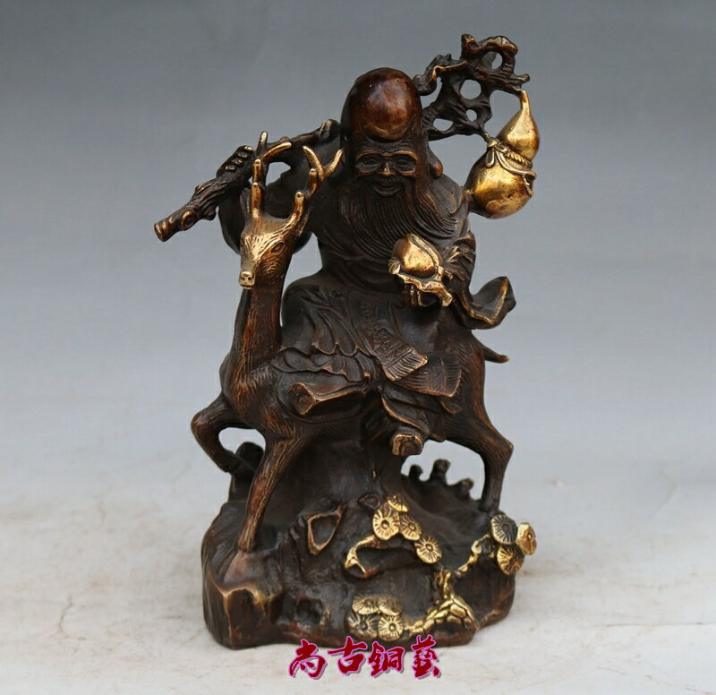 古玩仿古鎏金壽星騎鹿擺件 家居風水銅器工藝品擺設祝壽佳禮
