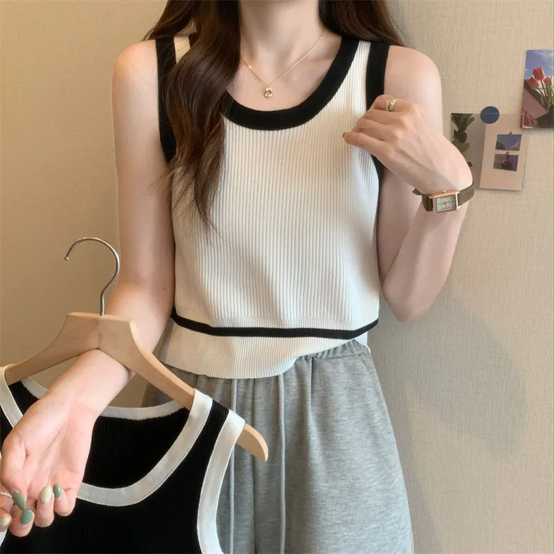 女士背心 小可愛 撞色針織吊帶背心 女夏設計感內搭背心 顯瘦無袖上衣 外穿修身打底衫 女生背心【不二雜貨】