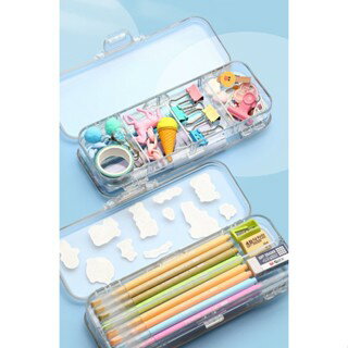 透明雙層筆盒 鉛筆盒 分隔 大容量筆盒 ins 透明分格簡約 桌面收納 文具 收納 大容量 DIY 間隔 畫筆盒【花屋】 4