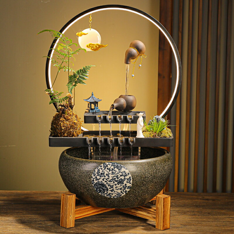 新中式流水生財陶瓷擺件創意魚缸招財辦公室桌面發光家居軟裝禮品