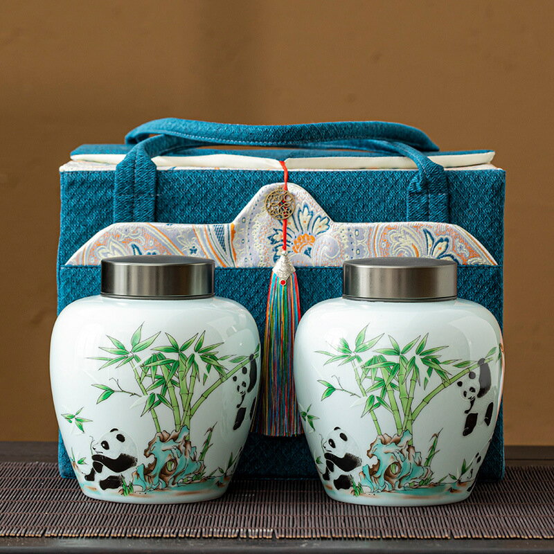 熊貓陶瓷茶葉罐禮盒金屬密封蓋茶葉綠茶白茶紅茶空盒高端特產禮盒