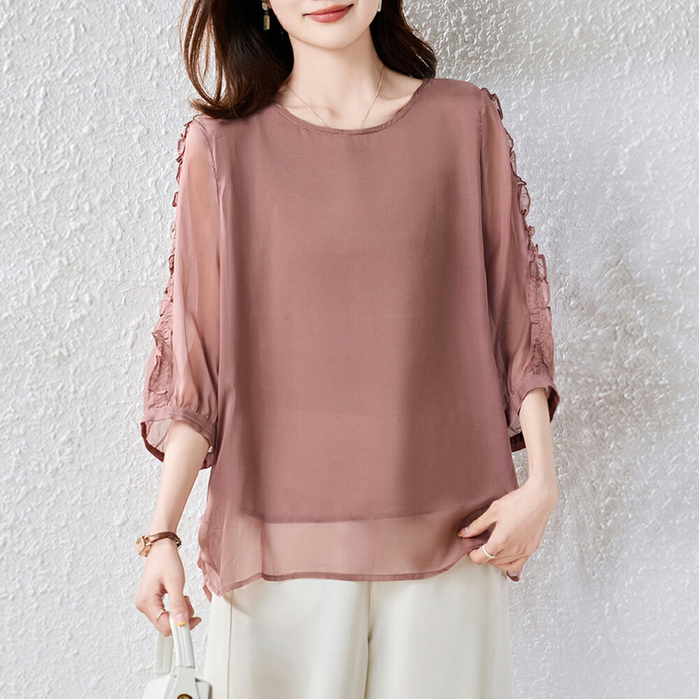 ＊ORead＊五分袖雪紡圓領上衣(圖片色L~5XL)