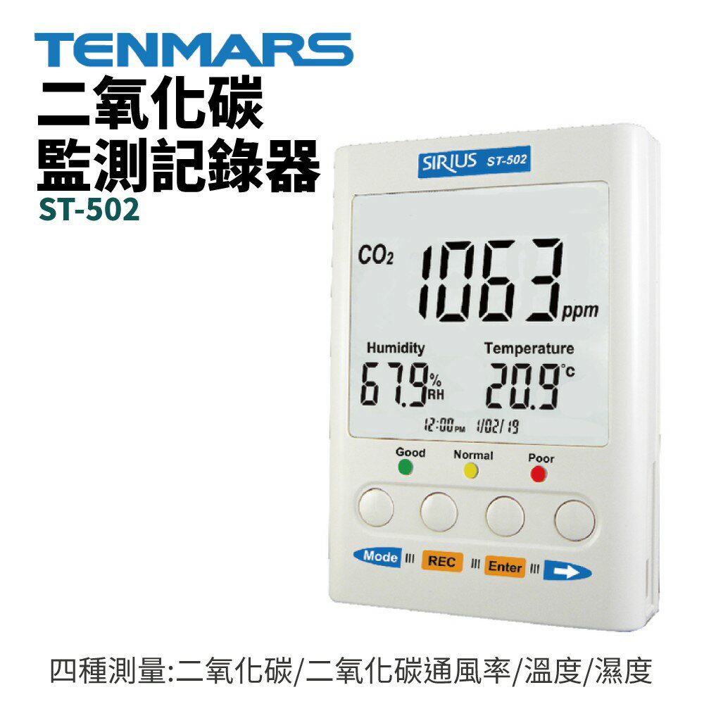 【TENMARS】ST-502 二氧化碳監測記錄器 大型顯示器 四種測量 二氧化碳/二氧化碳通風率/溫度/濕度