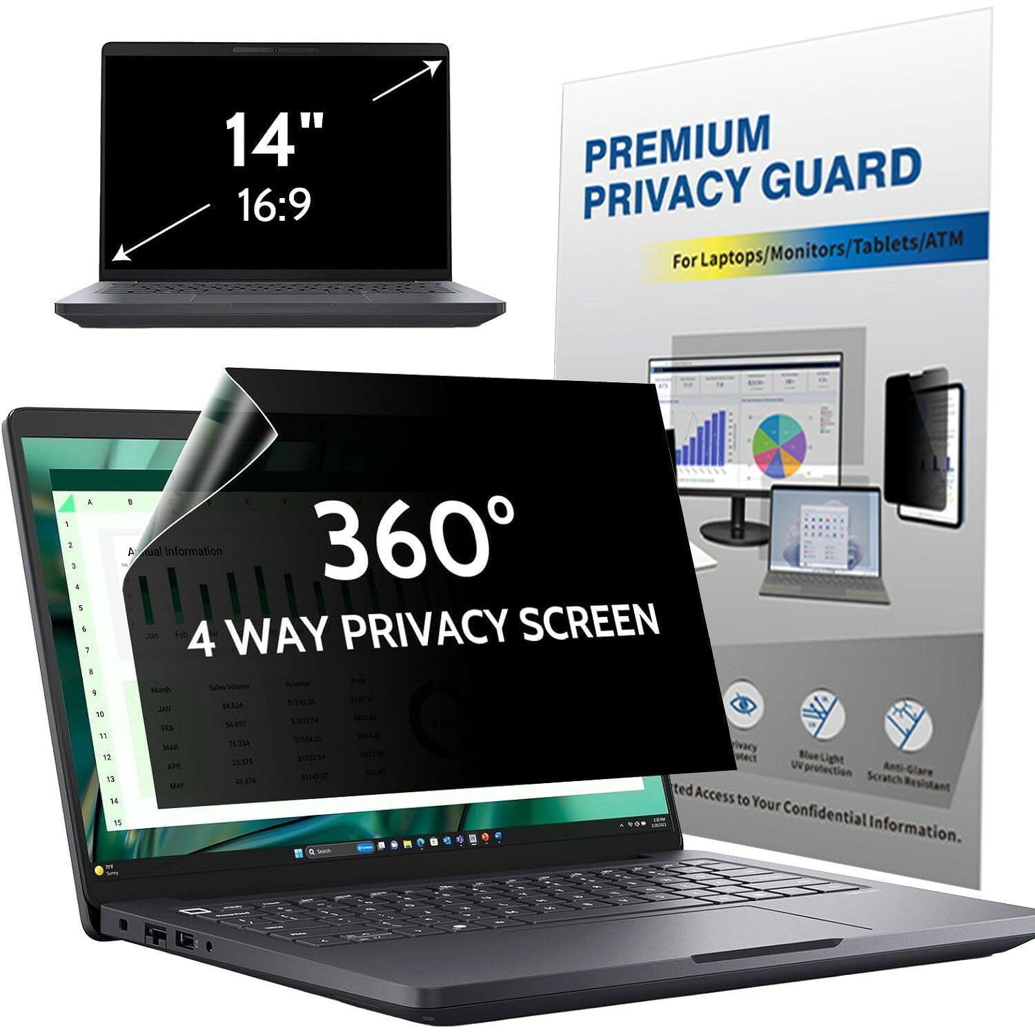 14'' 360°4-Way Privacy Screen 16:9 Blue Light Glare Filters