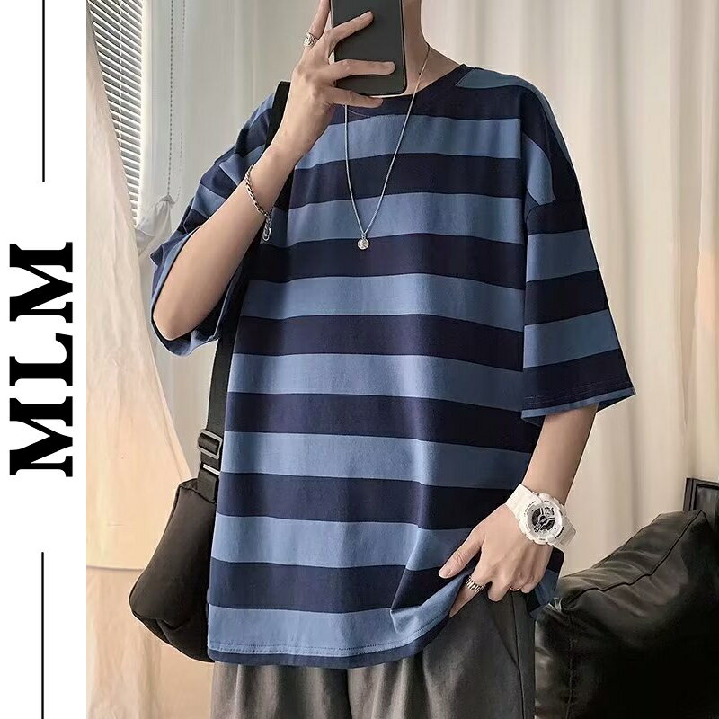 【MLM】復古條紋撞色休閑短袖T恤男士夏裝港風大碼顯瘦潮牌百搭半袖上衣 T恤男 T恤 短袖T恤男
