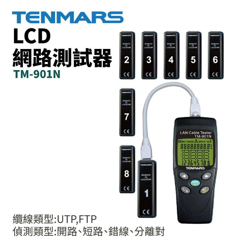【TENMARS】TM-901N LCD網路測試器 偵測類型 開路 短路 錯線 分離對 量測長度功能