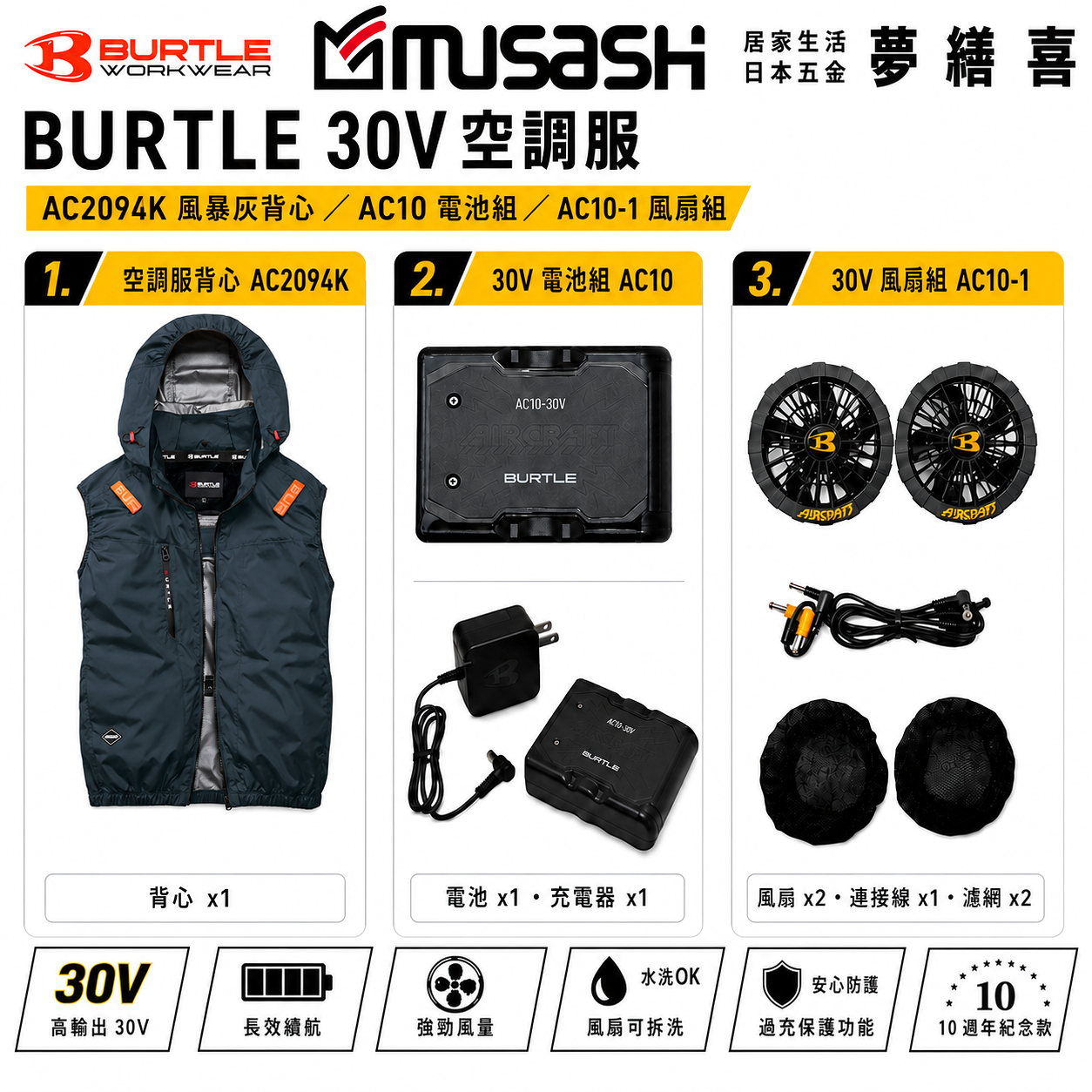 BURTLE 空調服背心 風暴灰 AC2094K-53 側邊風扇 套裝組 AC10 30V電池 30V風扇 巴特雷 作業服 戶外 降溫 露營 爬山 施工 工程作業 通風衣
