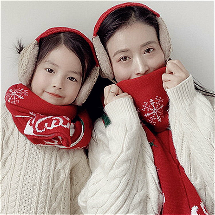 大紅色圣誕節禮物親子二件套冬加厚保暖針織毛線圍巾耳罩媽媽寶寶1入