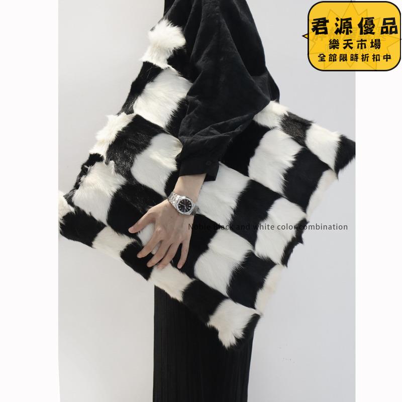 抱枕 靠枕 小眾設計抱枕 手工拼接抱枕 黑白皮草真毛靠枕 輕奢中古沙發抱枕 抱枕