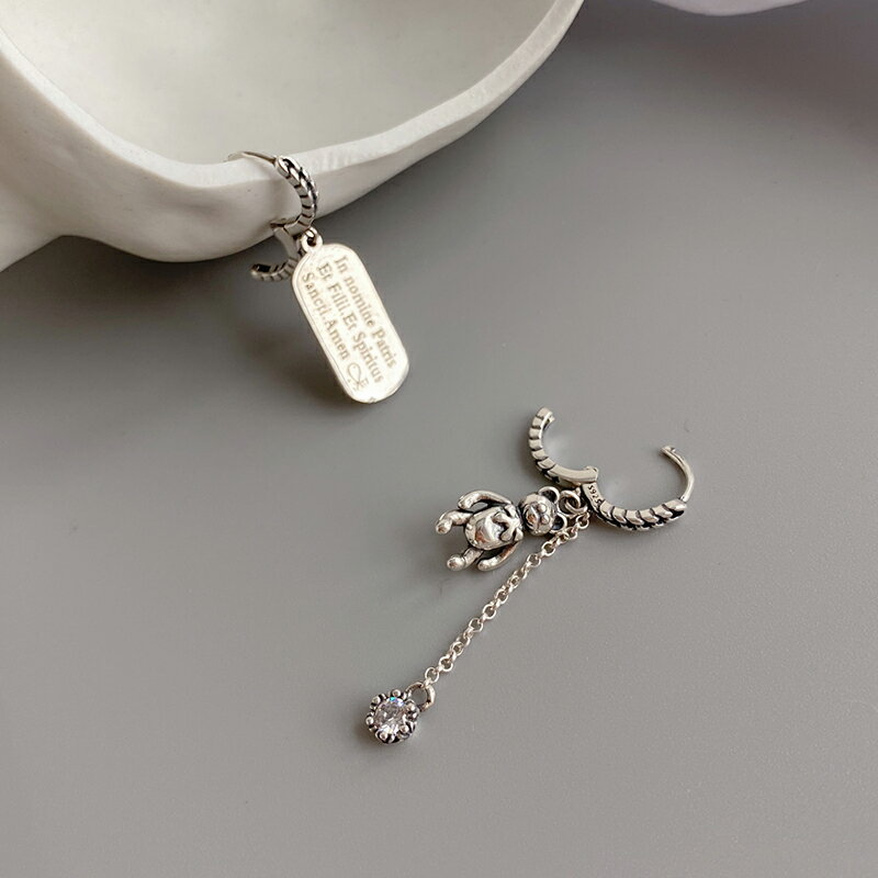 925純銀小熊耳環女年新款潮耳圈復古耳扣不對稱耳墜個性耳飾 3