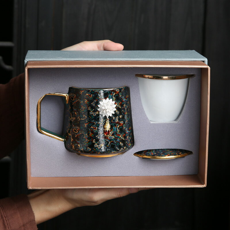個性家用辦公室個人隔熱杯子帶蓋過濾陶瓷大漆鎏銀馬克杯喝茶杯子