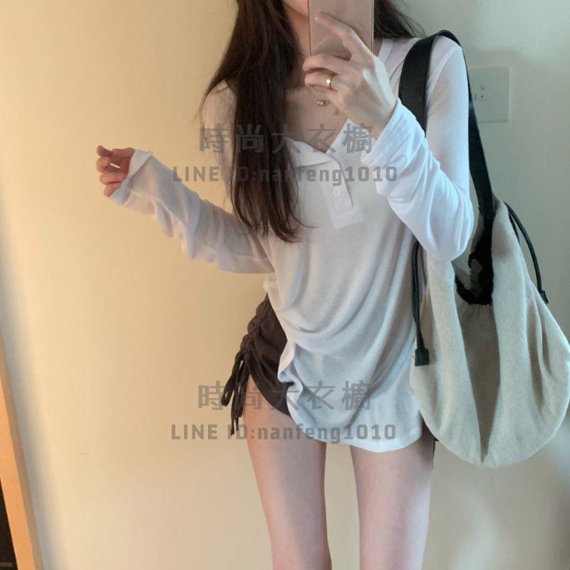 純欲風長袖防曬衫夏季寬鬆v領薄上衣休閒罩衫透膚上衣【時尚大衣櫥】