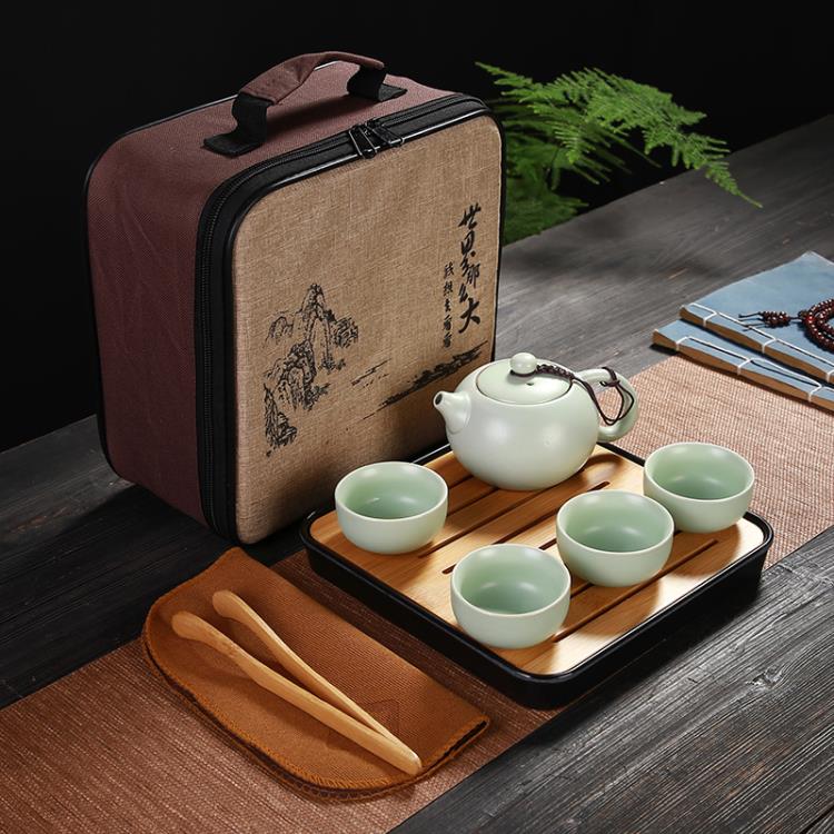 汝窯開片旅行茶具套裝家用功夫陶瓷蓋碗隨行包一壺四杯茶盤便攜式