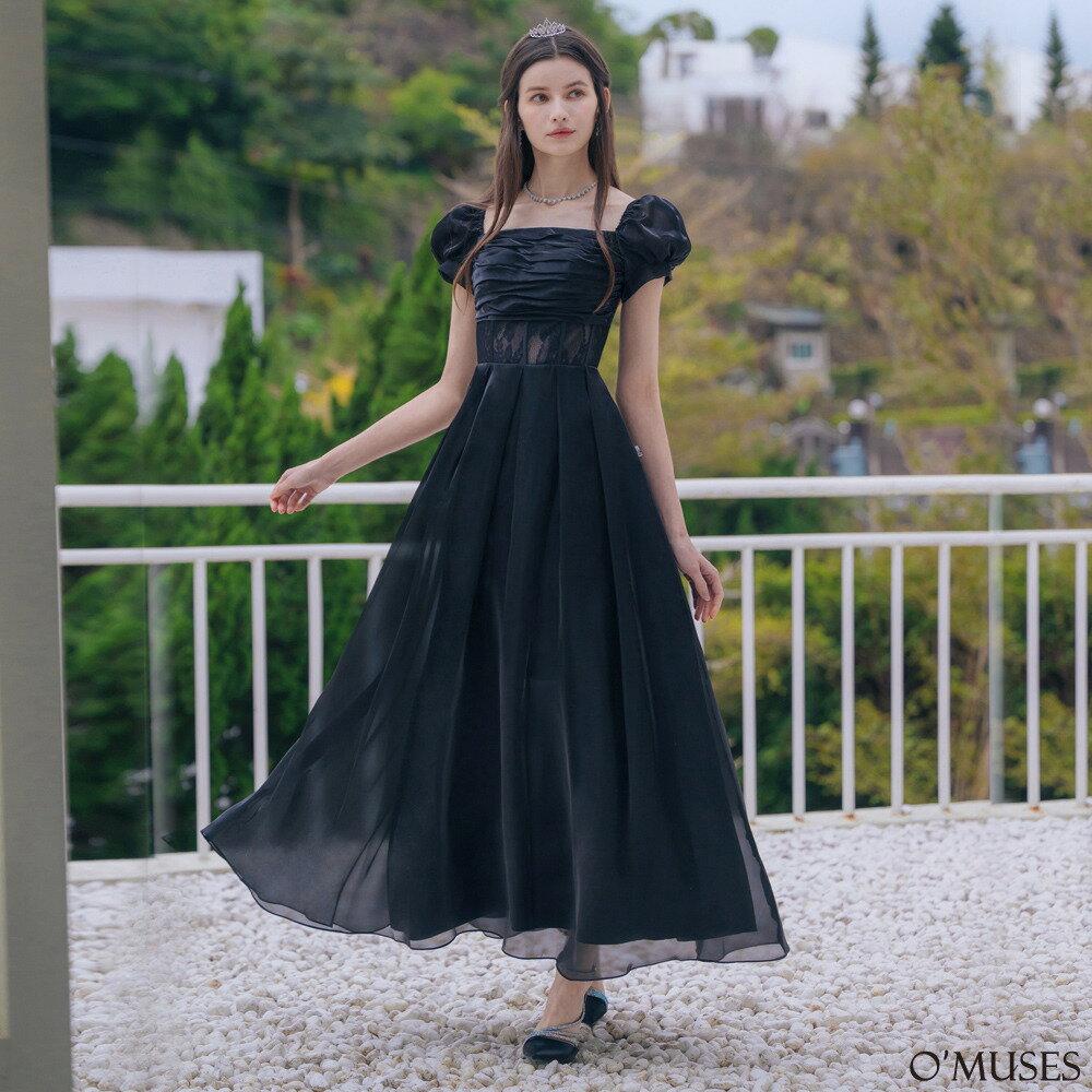 訂製款一字領方領蕾絲黑色長禮服19-7516
