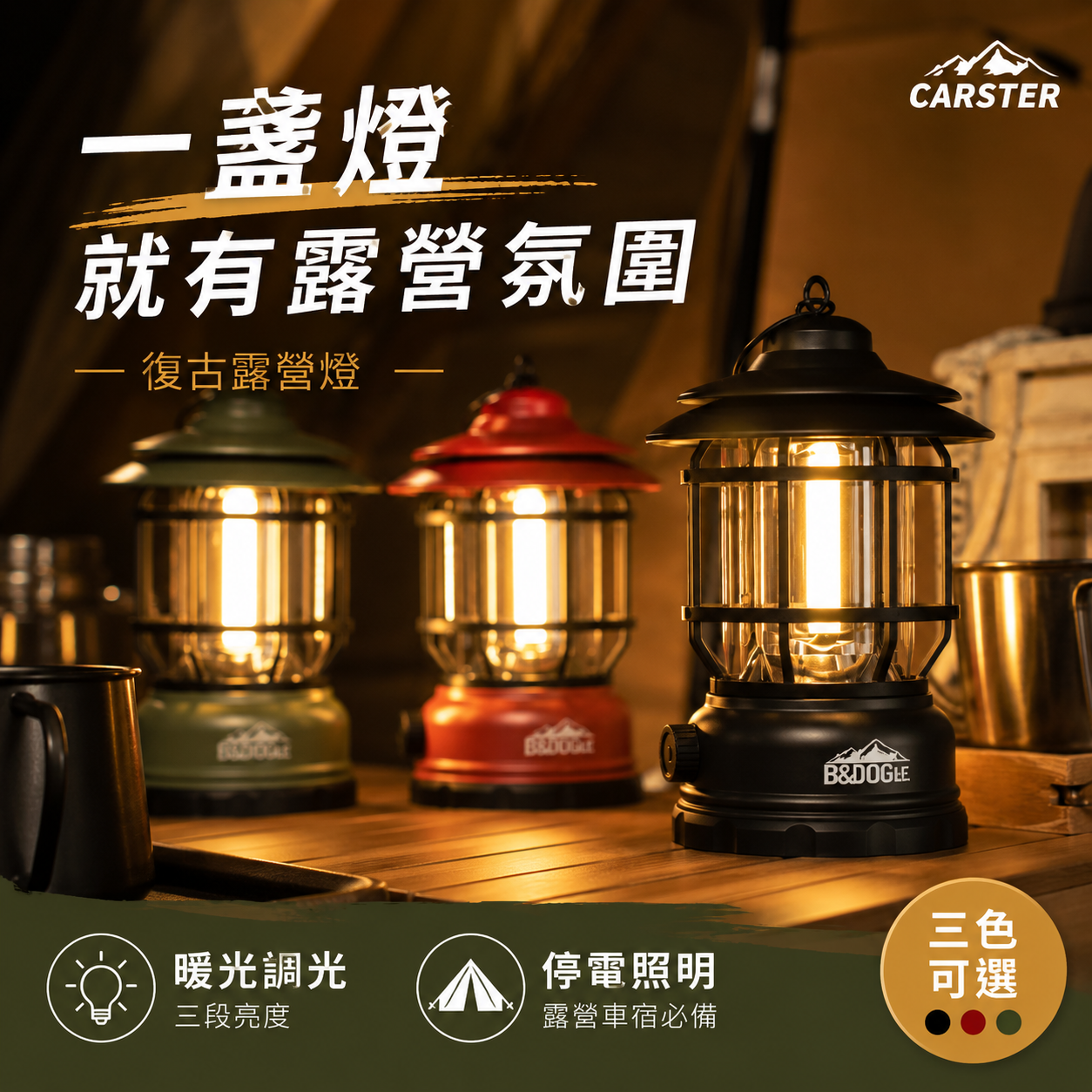 LED露營燈｜復古帳篷燈 Type-C充電 可調光黃光 露營照明燈