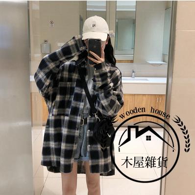 格子襯衫女大碼外穿春秋復古港味寬鬆韓版上衣外套【木屋雜貨】