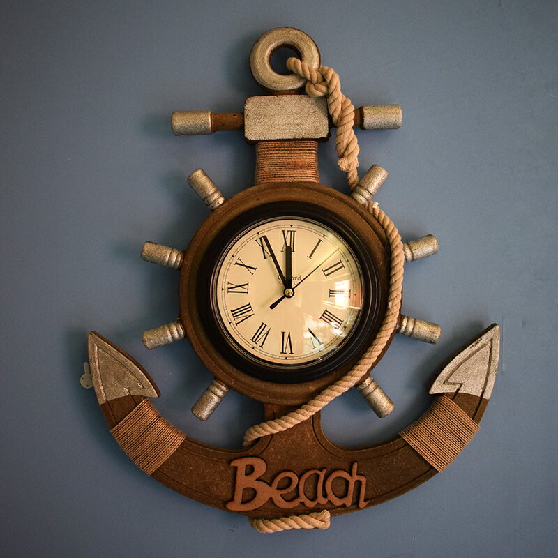時鐘 掛鐘 大鐘面 地中海風格復古做舊船錨掛鐘家用裝飾品掛件木質船舵創意靜音鐘錶『wl10364』