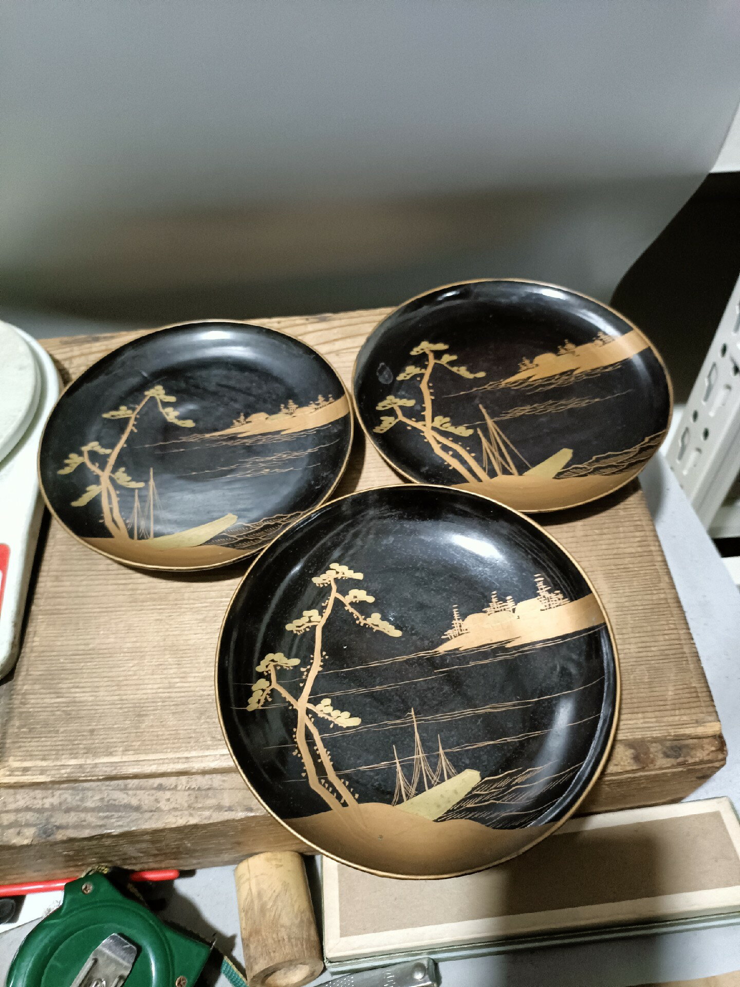 日本回流江戶明治時期大漆器木胎金蒔繪山水盤皿碟，清代老漆器，