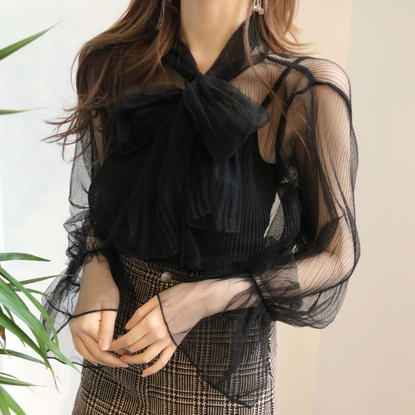 兩件組 蝴蝶結網紗 內搭背心 襯衫 上衣 套裝 長袖 喇叭袖 透膚 透視 性感 女神 氣質 婚宴 仙女 韓國 ANNA S. 5