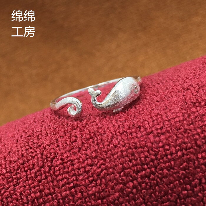 S925銀戒指純銀飾品女鯨魚海豚可愛開口防過敏指環食指中指尾戒
