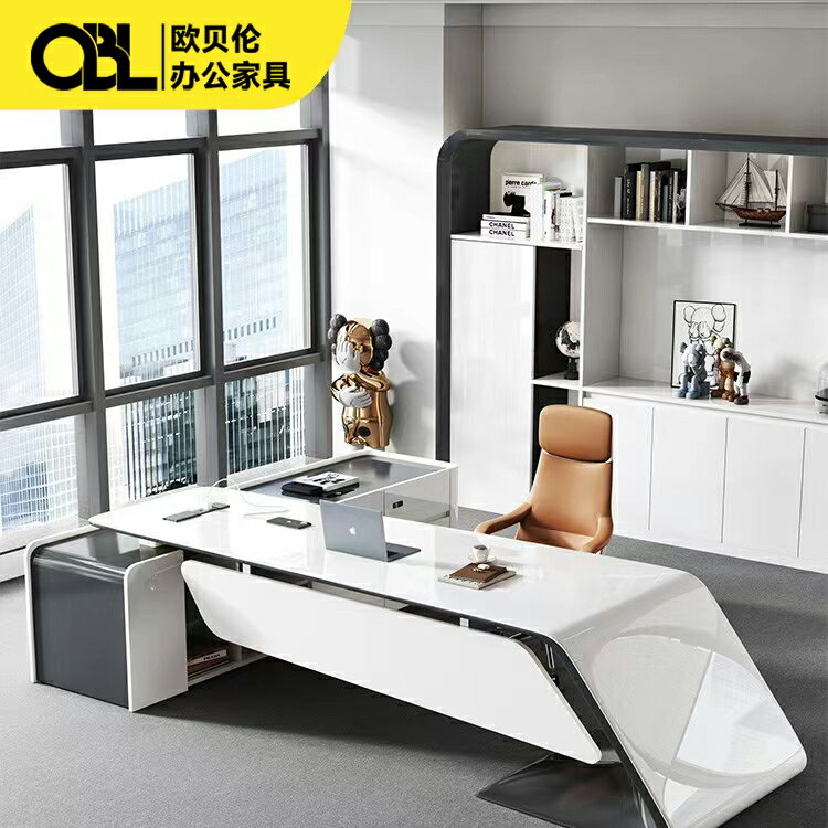 設計師款烤漆白色辦公桌大班臺高端簡約時尚現代創意科技風老板桌