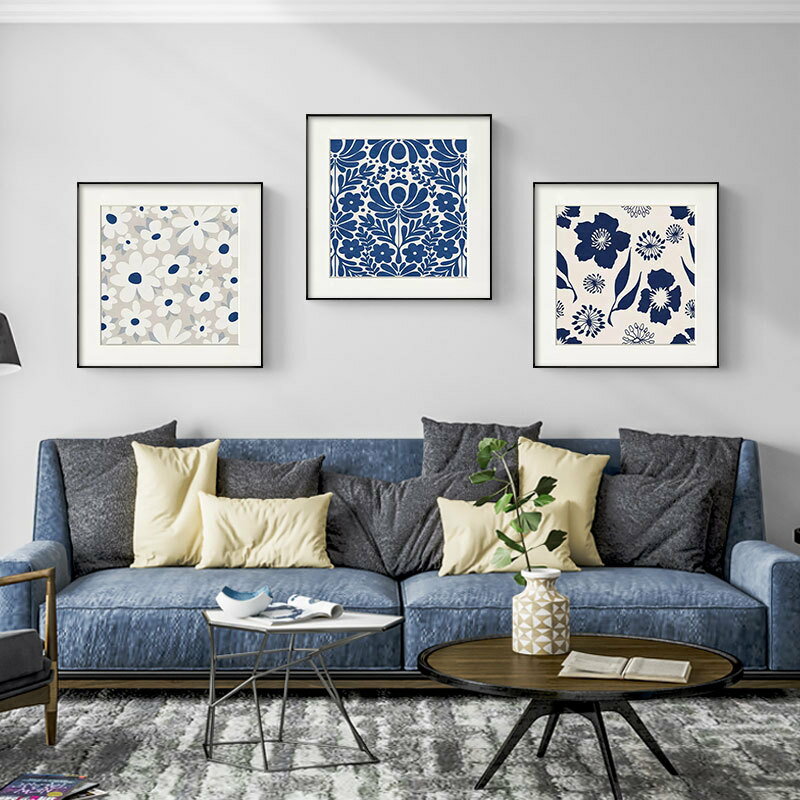 現代文藝客廳沙發墻掛畫剪紙花卉圖案玄關裝飾畫復古藍色花紋壁畫