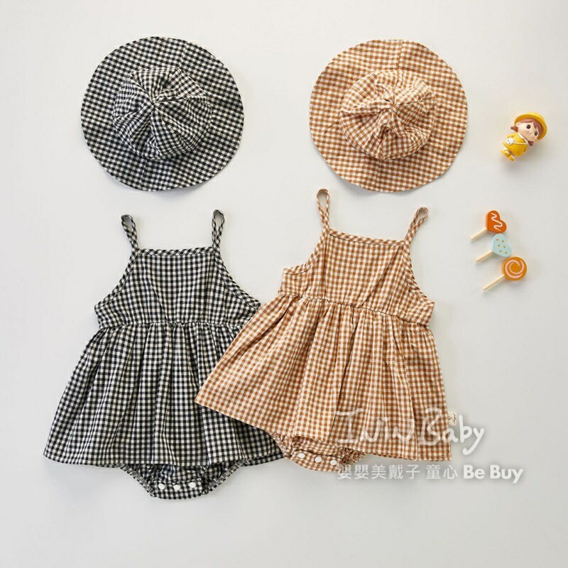 夏日吊帶格紋包屁衣(含帽) 日系 韓版 女童 中小童 童裝 連身裙
