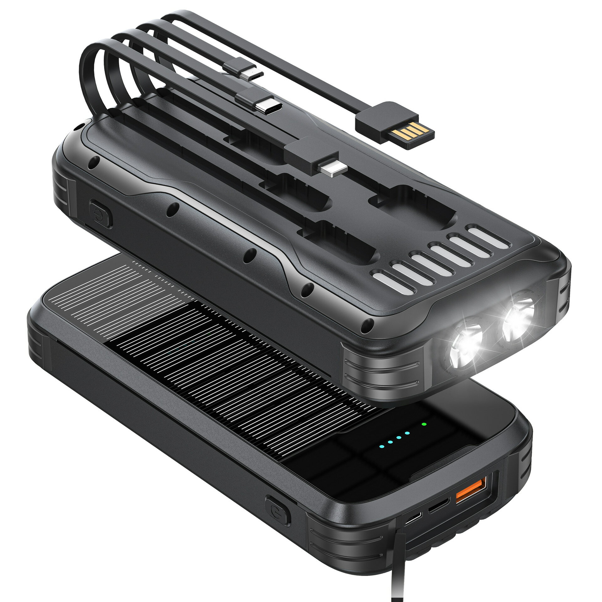 自帶線PSE認證太陽能PD雙向行動電源 登山LED露營燈軍規戶外防水防塵防摔移動電源20000mAh