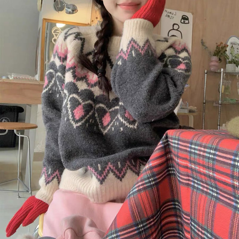 ANNAS 粉色聖誕毛衣 復古編織圖騰針織衫 愛心花紋可愛慵懶少女風 8